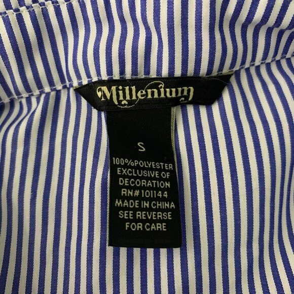 Embroidered Tunic Shirt Dress S Blue Striped Floral Button Down Bell Sleeves - Picture 8 of 8